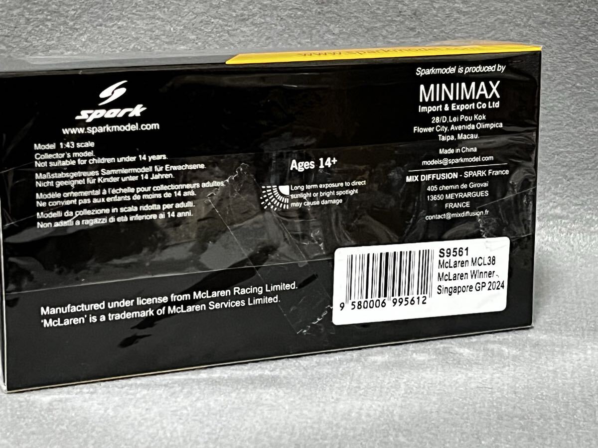 Spark 1/43 McLaren MCL38 McLaren No.4 Winner Singapore GP 2024 Lando Norris （S9561）_画像8
