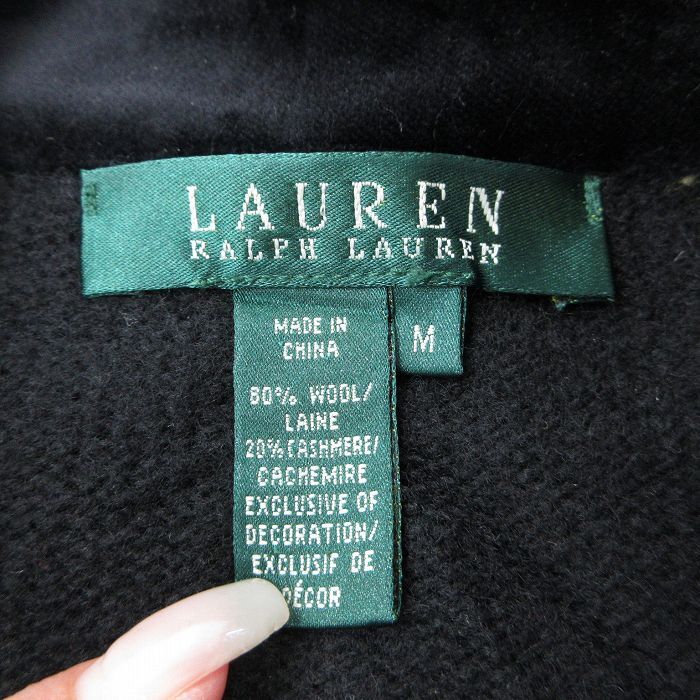 古着 ラルフローレン 長袖 ブランド ウール ジャケット レディース 00s ワンポイントロゴ ベロア仕様 ウール 開襟 オープンカラー 黒 ブラ_画像6