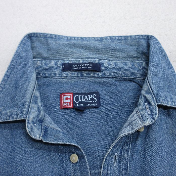 XL/古着 ラルフローレン チャップス 長袖 ブランド シャツ メンズ 90s ワンポイントロゴ 大きいサイズ コットン ボタンダウン 紺 ネイビー_画像5