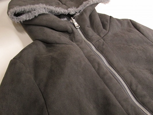 i4216:NO ID. BLACK フェイクムートン フード付き ロングコート 1 リバーシブルコート 灰/グレー メンズ/レディース_画像6