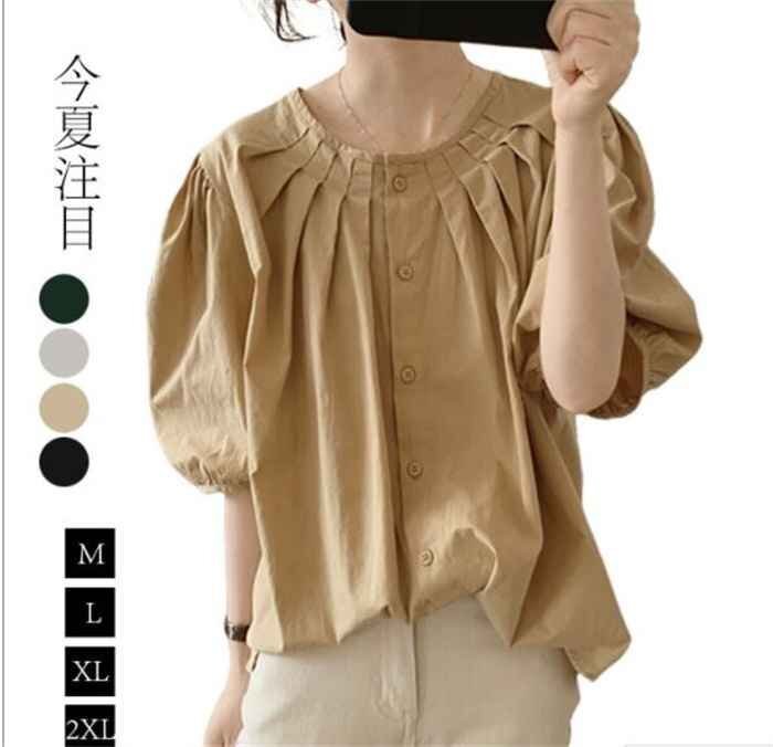 シャツ ブラウス 半袖 大きいサイズ パフスリーブ ラウンドネック 無地 カジュアル 2XL ブラック_画像1