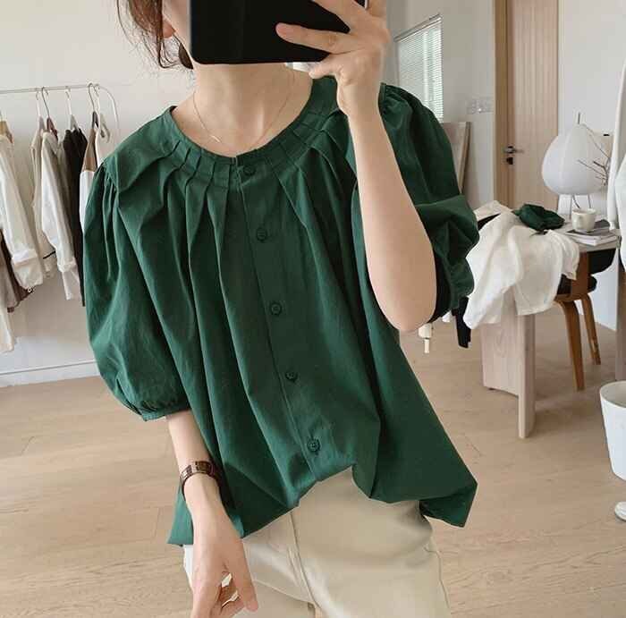 シャツ ブラウス 半袖 大きいサイズ パフスリーブ ラウンドネック 無地 カジュアル 2XL ブラック_画像7