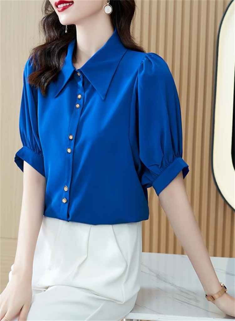 シャツ ブラウス 新品 半袖 カジュアル スリム レディース 2XL ブルー_画像2