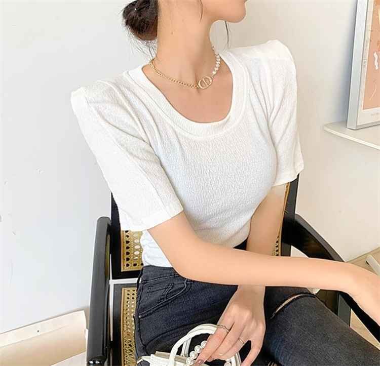 Tシャツ 半袖 ショート丈 トップス ショルダーパット 丸首 レディース XL ブルー_画像2