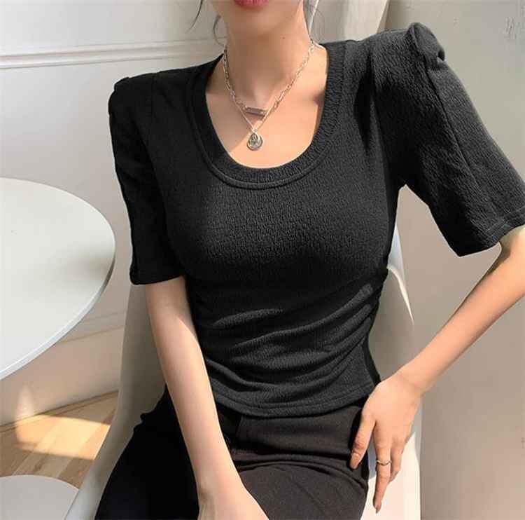 Tシャツ 半袖 ショート丈 トップス ショルダーパット 丸首 レディース XL ブルー_画像10