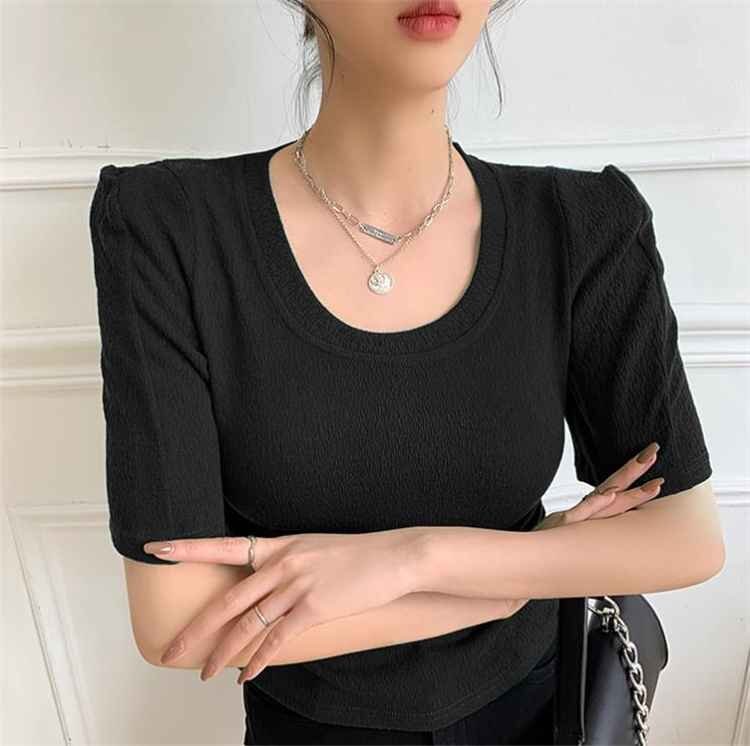 Tシャツ 半袖 ショート丈 トップス ショルダーパット 丸首 レディース XL ブルー_画像9