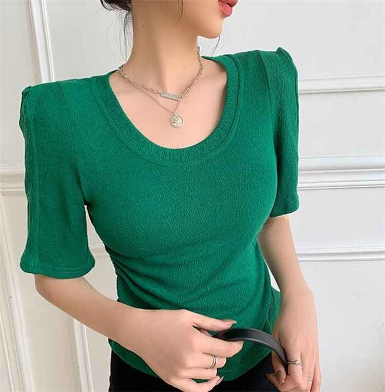 Tシャツ 半袖 ショート丈 トップス ショルダーパット 丸首 レディース XL ブルー_画像5