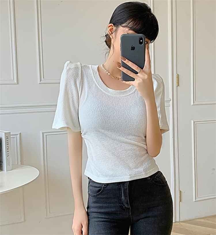 Tシャツ 半袖 ショート丈 トップス ショルダーパット 丸首 レディース XL ブルー_画像1