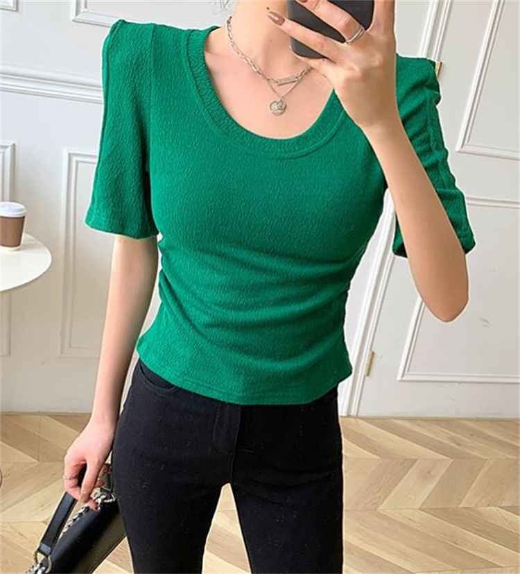 Tシャツ 半袖 ショート丈 トップス ショルダーパット 丸首 レディース XL ブラック_画像4