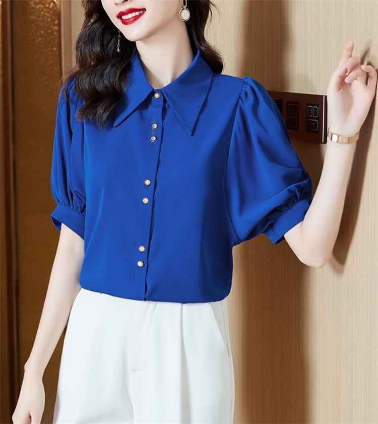 シャツ ブラウス 新品 半袖 カジュアル スリム レディース 2XL ブルー_画像3