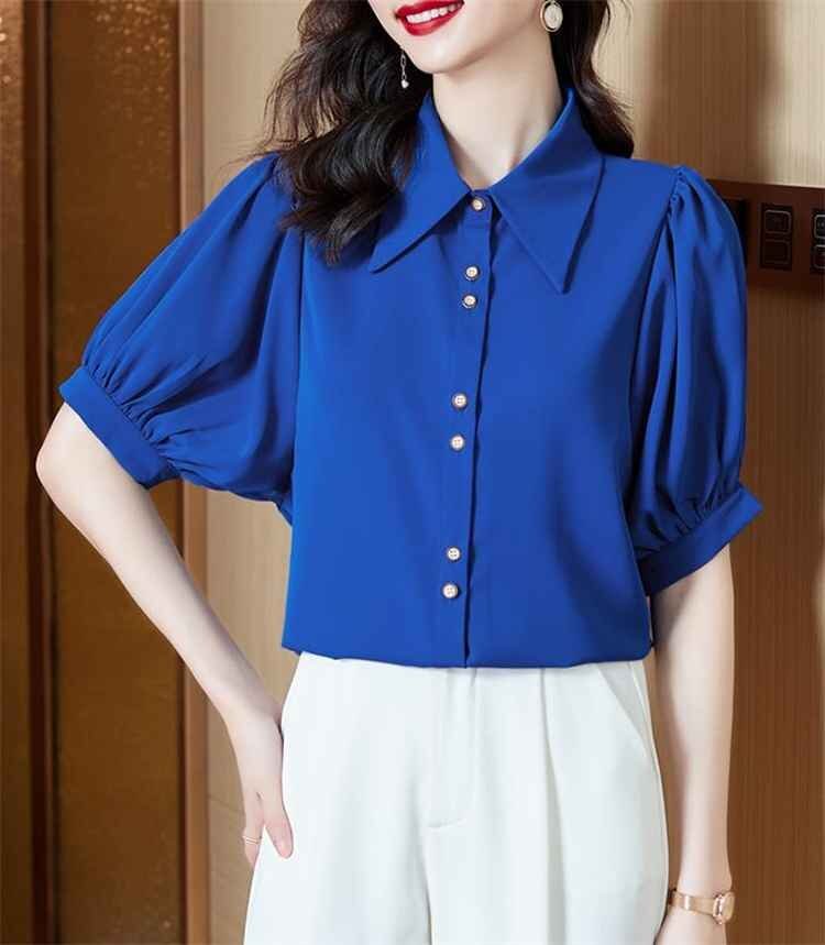 シャツ ブラウス 新品 半袖 カジュアル スリム レディース 2XL ブルー_画像8