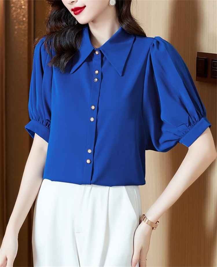 シャツ ブラウス 新品 半袖 カジュアル スリム レディース 2XL ブルー_画像5