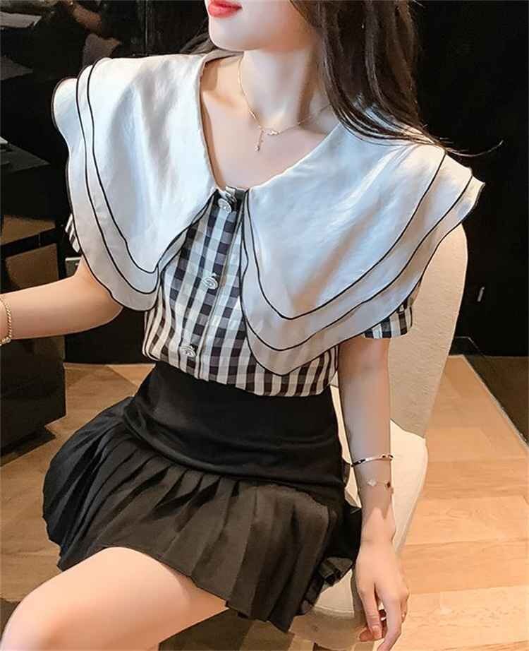 トップス シャツ チェック柄 スリム 半袖 かわいい系 XL ギンガムチェック柄_画像1