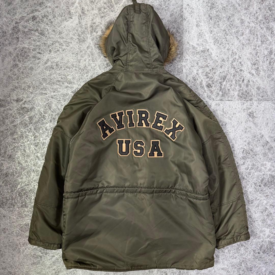 美品 AVIREX N-3B フライトジャケット バックロゴ カーキ L アヴィレックス アーチロゴ ミリタリー セージグリーン カーキ ファー_画像1