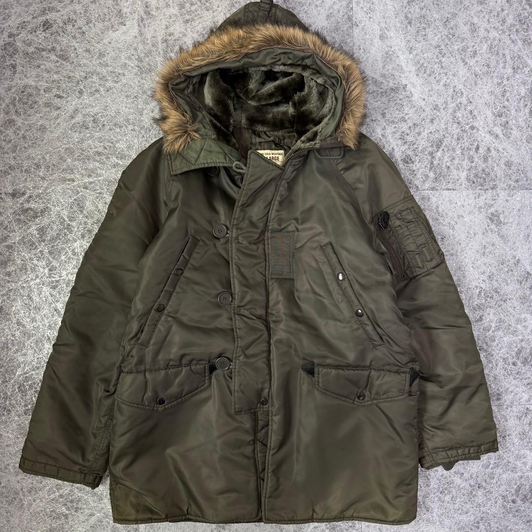 美品 AVIREX N-3B フライトジャケット バックロゴ カーキ L アヴィレックス アーチロゴ ミリタリー セージグリーン カーキ ファー_画像2