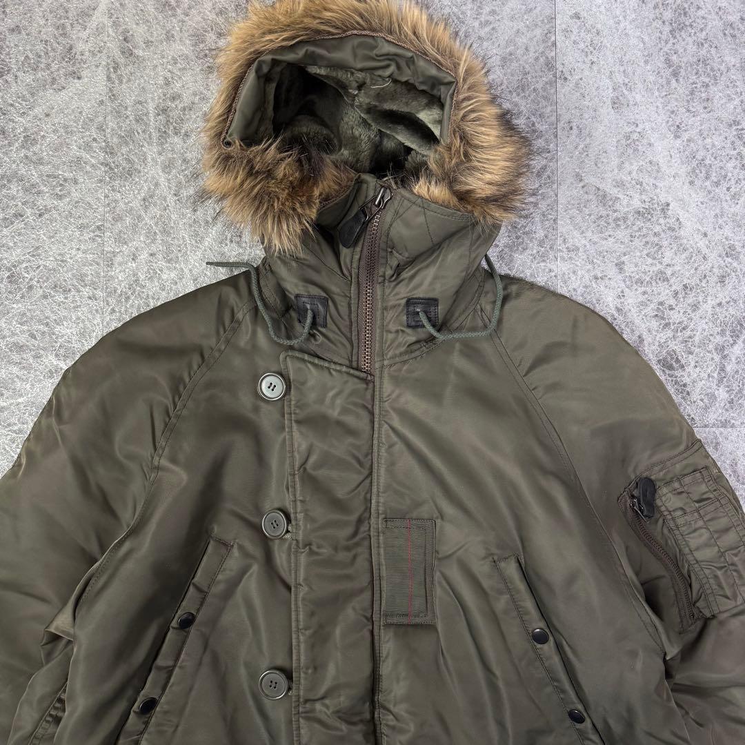 美品 AVIREX N-3B フライトジャケット バックロゴ カーキ L アヴィレックス アーチロゴ ミリタリー セージグリーン カーキ ファー_画像3