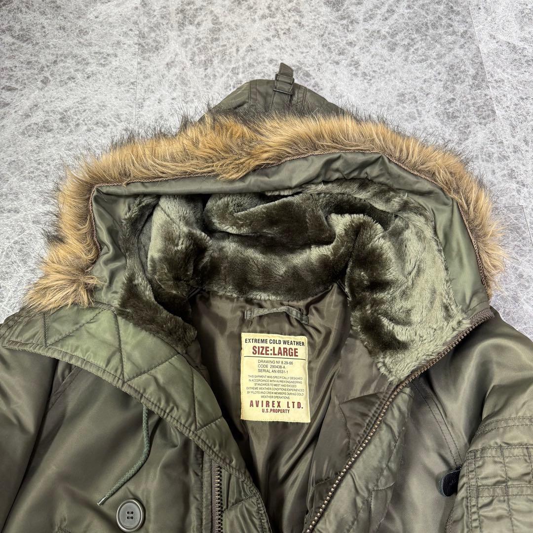 美品 AVIREX N-3B フライトジャケット バックロゴ カーキ L アヴィレックス アーチロゴ ミリタリー セージグリーン カーキ ファー_画像6