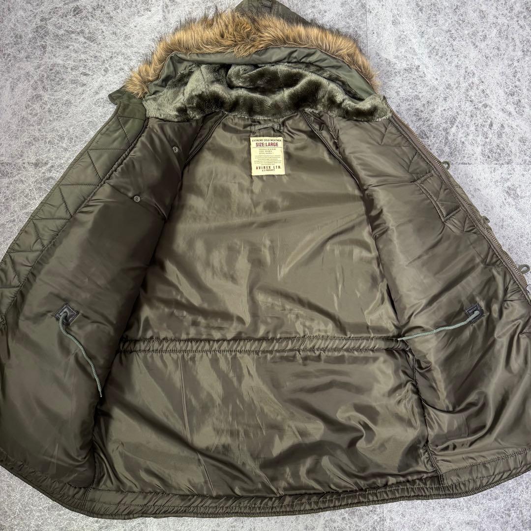 美品 AVIREX N-3B フライトジャケット バックロゴ カーキ L アヴィレックス アーチロゴ ミリタリー セージグリーン カーキ ファー_画像7
