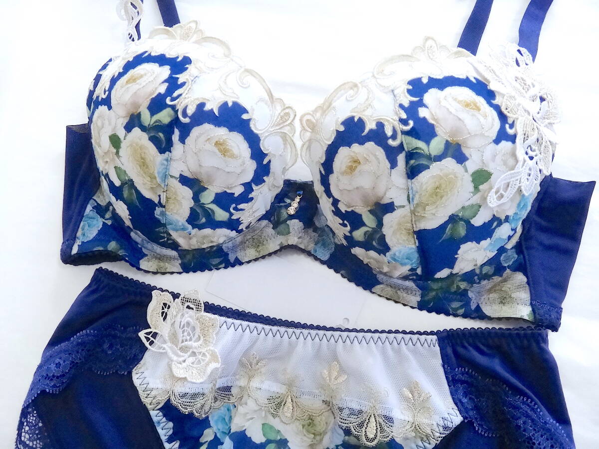 【送料込】ワコール ルジェ ブラD75&ショーツL 青白薔薇ゴールドラメスワロラヴィジュールパルファージュサルートトレフルラゼPJトリンプ_画像4