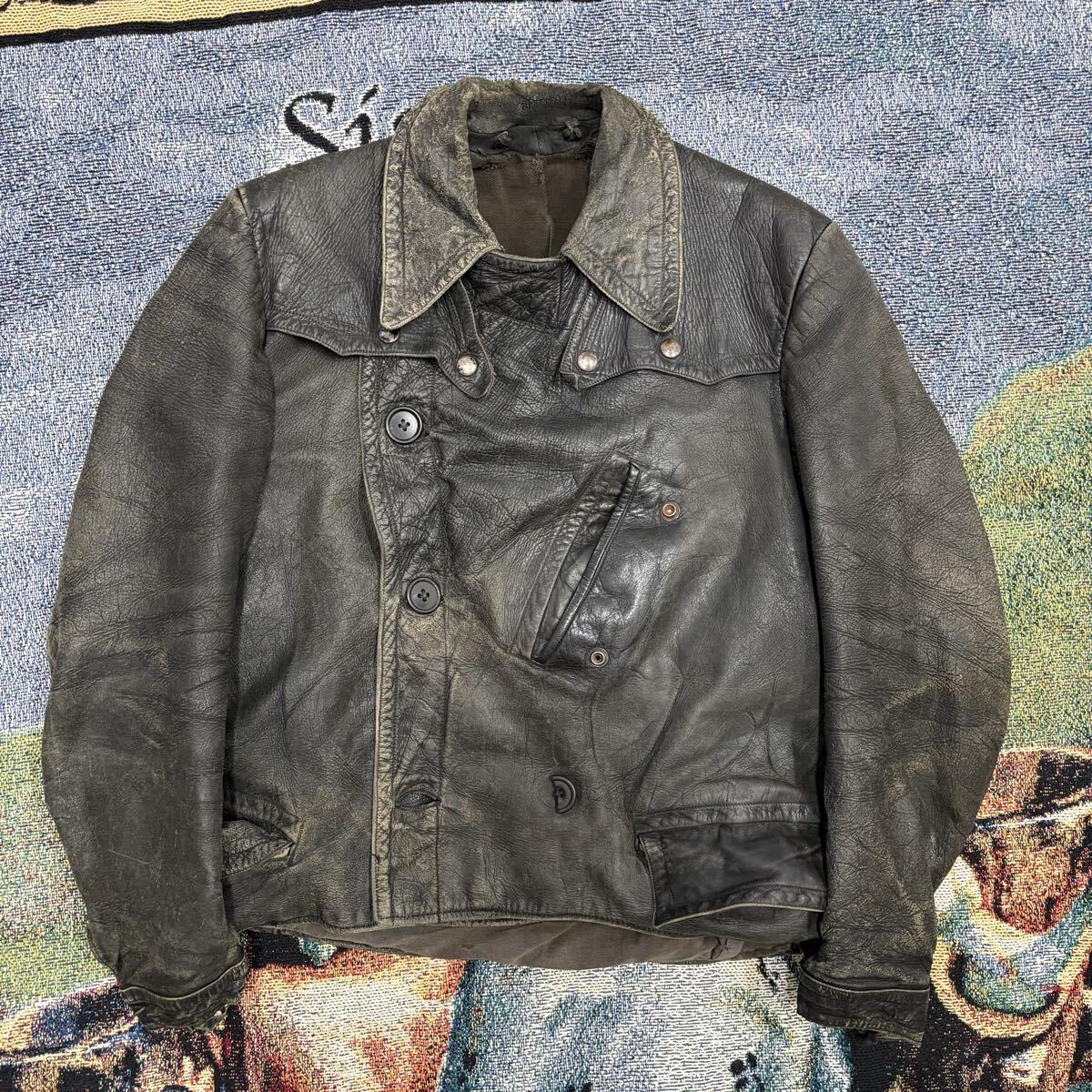 40s 50s モーターサイクル レザージャケット 黒×金タグ バイカー 当時物 vintage ヴィンテージ 一点物 ダブル ライダース 古着 本革_画像1