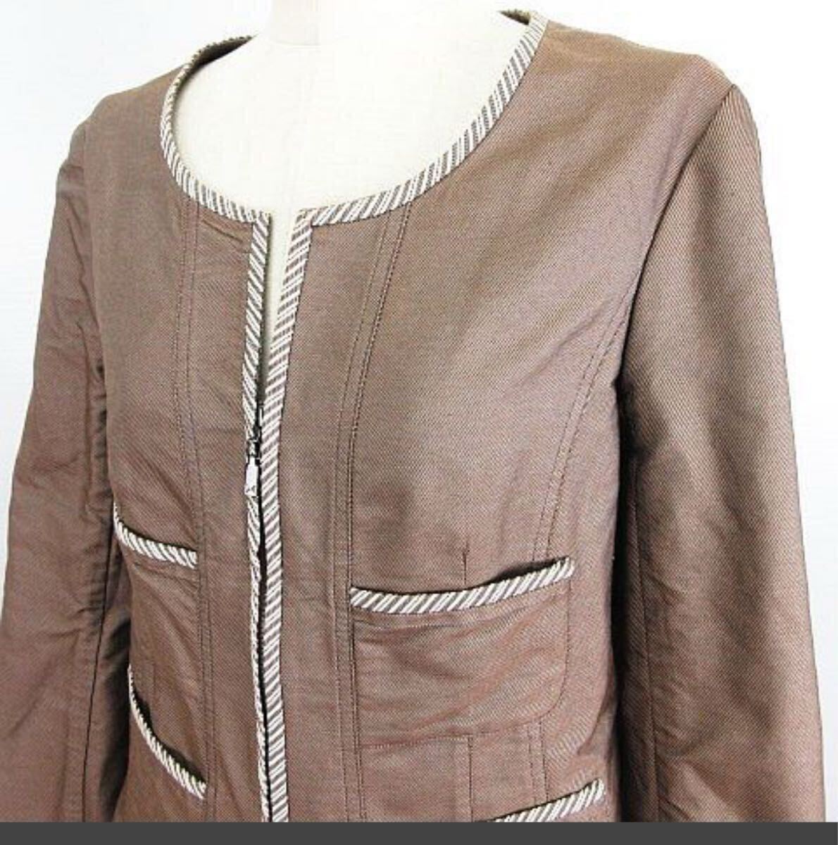 ハナエモリ　 美品ノーカラージャケット　ブラウン　４０Ｌ　　軽い　オシャレ_画像1