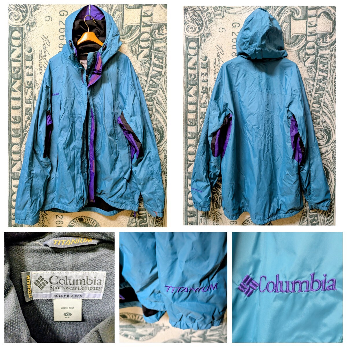 90s Columbia マウンテンジャケット ナイロンジャケット コロンビア マウンテンパーカー アウトドアJKT ターコイズ×紫 XL 検/ patagonia_画像1