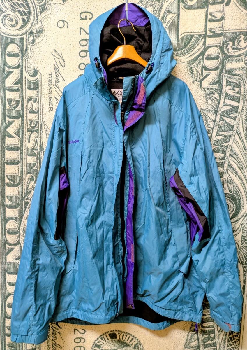 90s Columbia マウンテンジャケット ナイロンジャケット コロンビア マウンテンパーカー アウトドアJKT ターコイズ×紫 XL 検/ patagonia_画像2