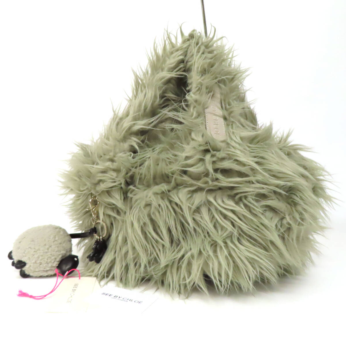 OD25070 See by Chloe シーバイクロエ ジョイライダー ハンドバッグ ミニボストンバッグ フェイクファー レザー 羊チャーム付 モスグリーン_画像1
