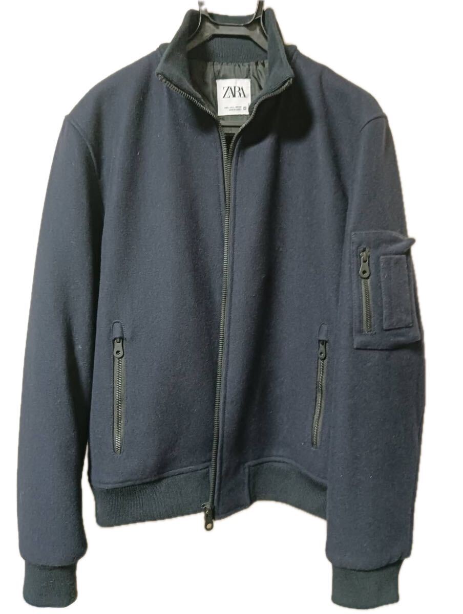 ZARA ザラ メンズ ジャケット ネイビー ウール混 ブルゾン スタンドカラー ジップデザイン カジュアル アウター 美品 Lサイズ_画像1