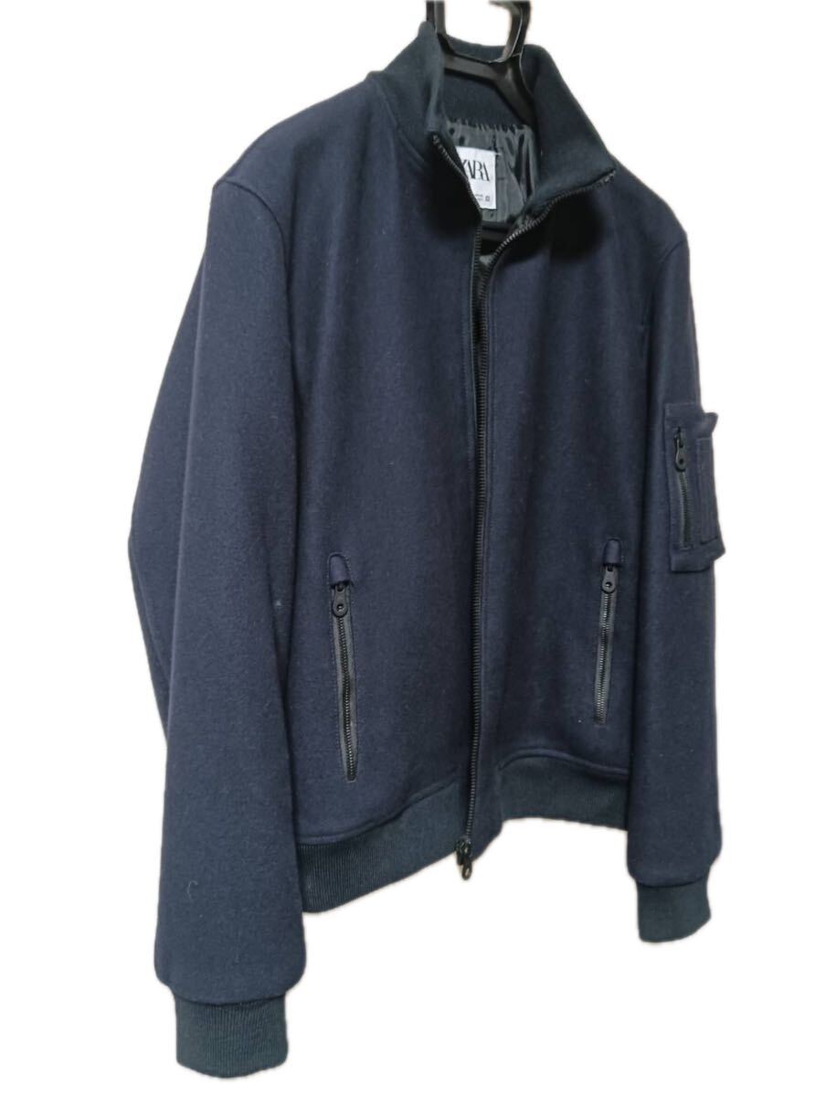ZARA ザラ メンズ ジャケット ネイビー ウール混 ブルゾン スタンドカラー ジップデザイン カジュアル アウター 美品 Lサイズ_画像3