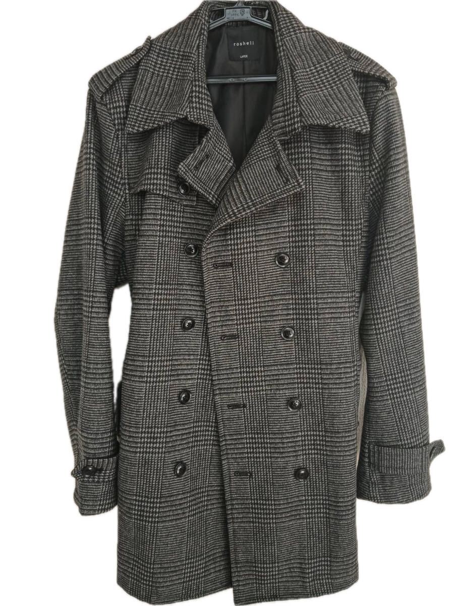 【美品】roshell ロシェル TRチェスターコート メンズ LARGE グレンチェック柄 ウール混 秋冬 アウター_画像1