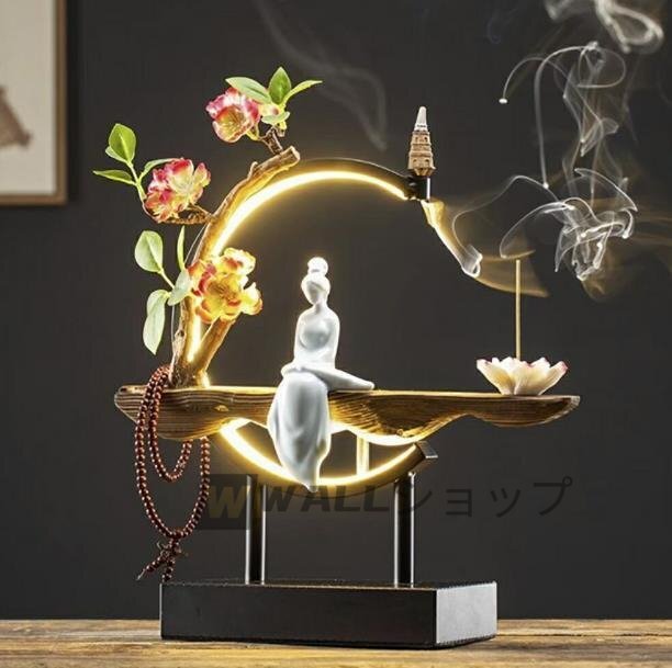 高級感満載★お香立て LED 花 座る 女神 木製 数珠 ライト 幻想 インテリア 置物 香り 匂い 玄関_画像3