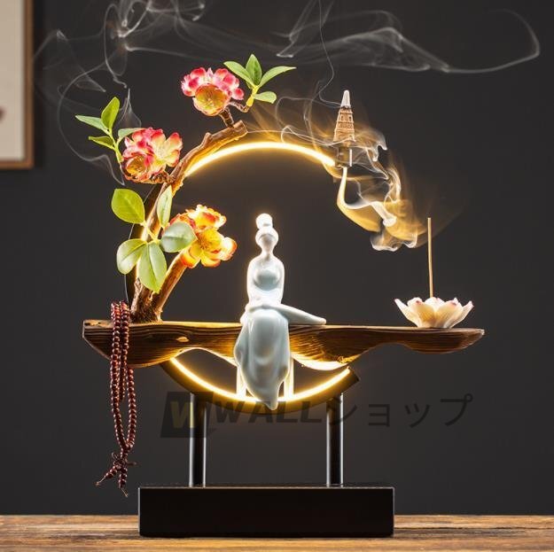 高級感満載★お香立て LED 花 座る 女神 木製 数珠 ライト 幻想 インテリア 置物 香り 匂い 玄関_画像1