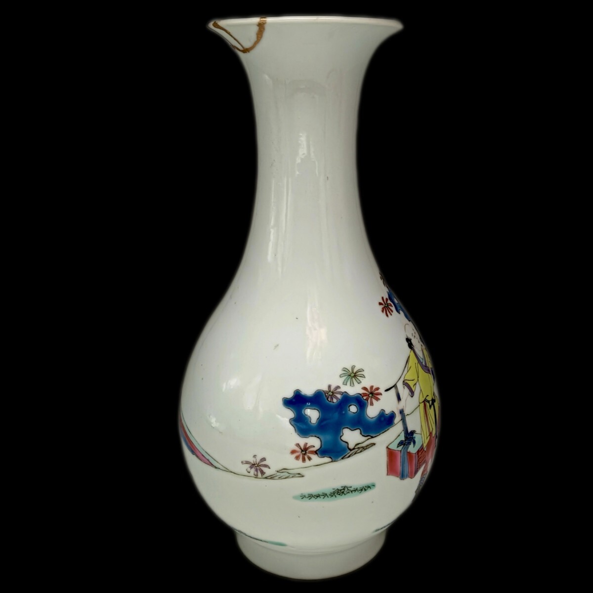 【W0199】検定印付 大清雍正年製 唐子粉彩花瓶 花器 飾壷 色絵 置物 唐物 中国古美術 骨董品 アンティーク 中国古玩 高さ約22.5cm 金繕付_画像5