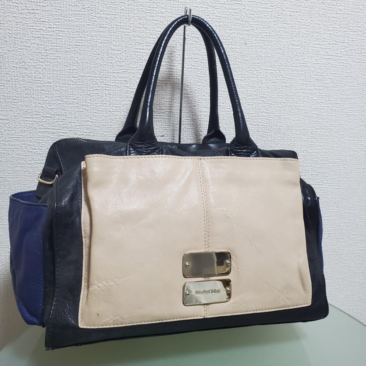 SEE BY CHLOE シーバイクロエ レザーバッグ ハンドバッグ トートバッグ 肩掛け バイカラー 配色カラー ベージュ ブラック ネイビー 激カワ_画像1