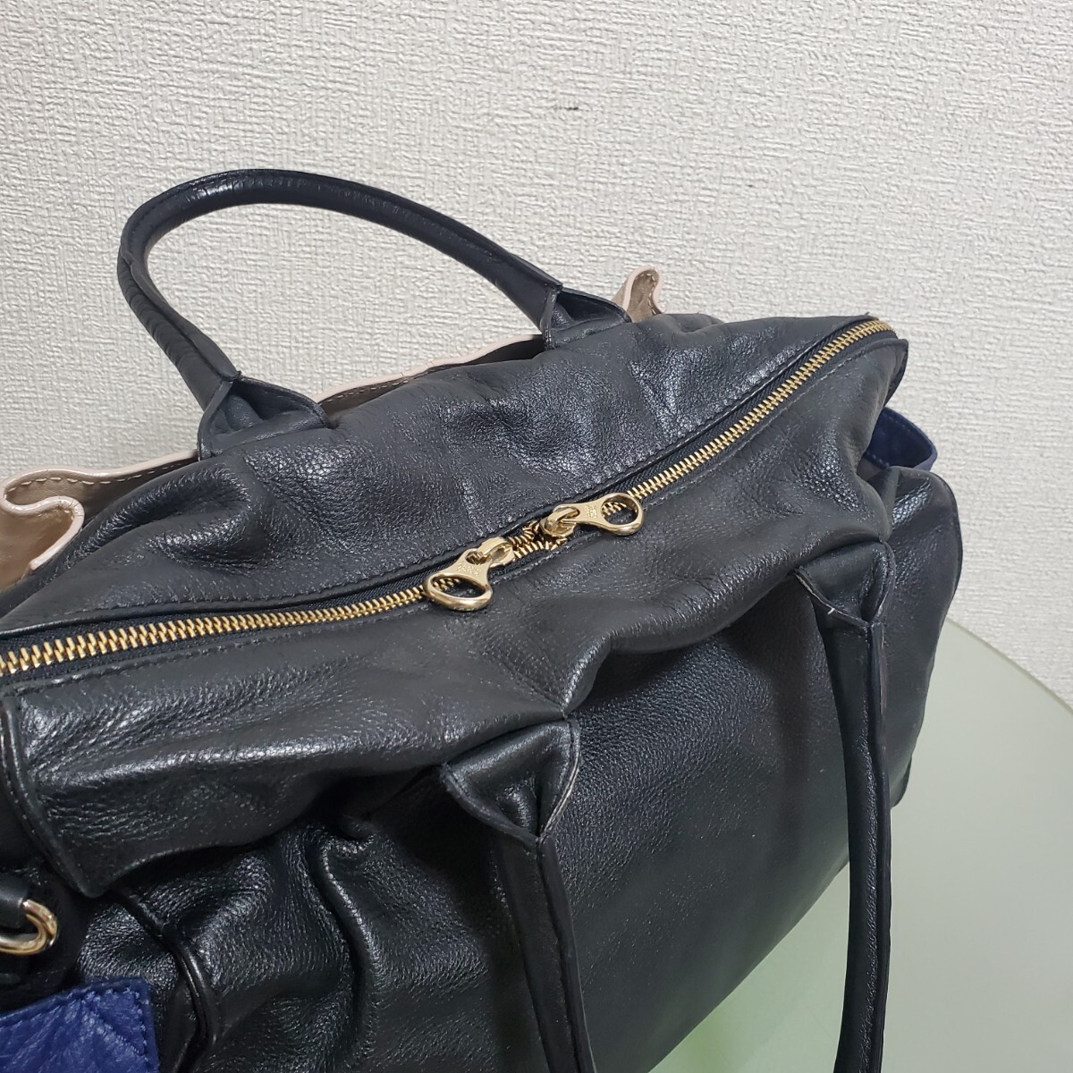 SEE BY CHLOE シーバイクロエ レザーバッグ ハンドバッグ トートバッグ 肩掛け バイカラー 配色カラー ベージュ ブラック ネイビー 激カワ_画像8