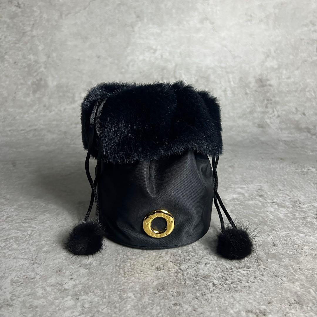 セリーヌ ポーチ 巾着 ファー ナイロン ブラック ゴールド金具 小物入れ_画像2