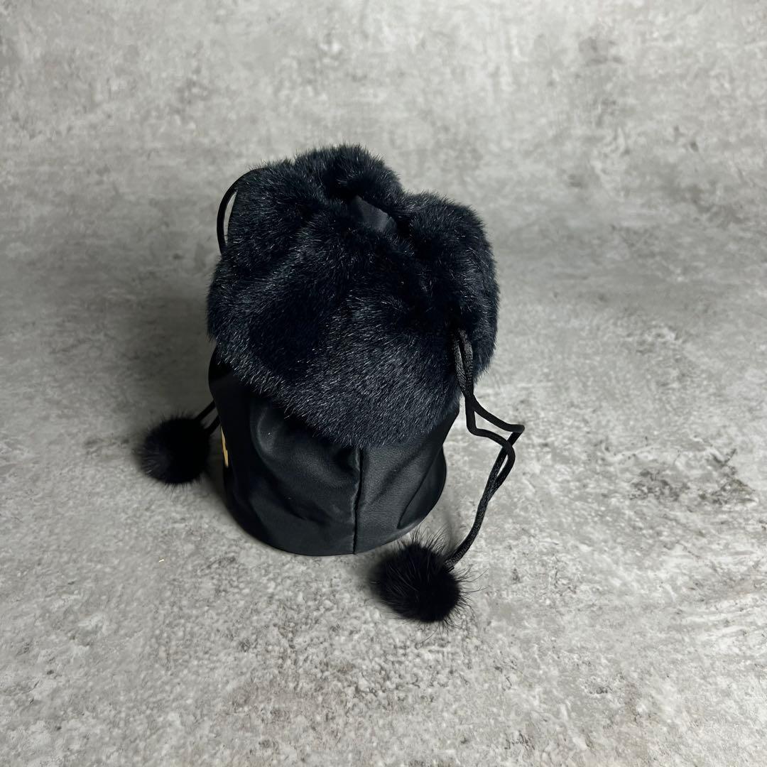 セリーヌ ポーチ 巾着 ファー ナイロン ブラック ゴールド金具 小物入れ_画像3