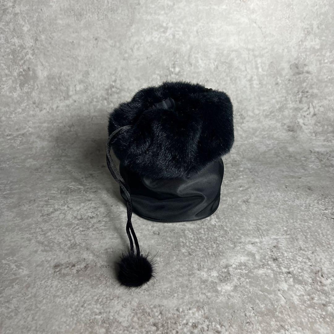 セリーヌ ポーチ 巾着 ファー ナイロン ブラック ゴールド金具 小物入れ_画像4