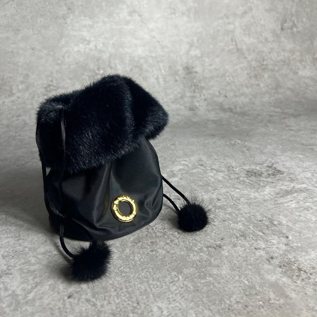 セリーヌ ポーチ 巾着 ファー ナイロン ブラック ゴールド金具 小物入れ_画像8