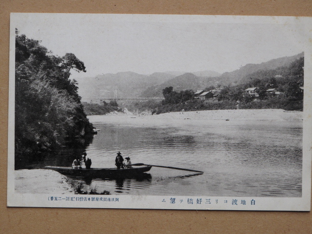 昭和初期 河川 渡船 橋梁 絵葉書 『 白地渡しから 三好橋を望む 』計2点 未使用 徳島県 三好郡 池田町 上野写真館など発行 吉野川_画像2