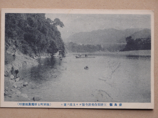 昭和初期 河川 渡船 橋梁 絵葉書 『 白地渡しから 三好橋を望む 』計2点 未使用 徳島県 三好郡 池田町 上野写真館など発行 吉野川_画像3