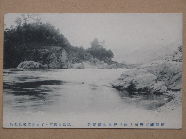 明治末期~大正中期 河川 筏流し 絵葉書 『 吉野川 三野田の渕 実景 』計2点 未使用 美濃田 徳島県 三好郡 原田商店 徳島市 井関書店発行 _画像3