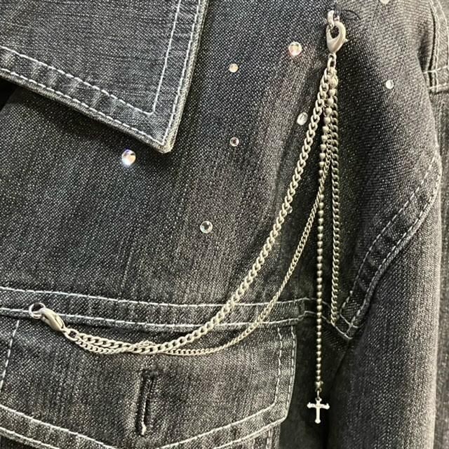 仙12 Leilian デニムジャケット ストーン チェーン付き サイズ13+ グレー系 ブラック系 レリアン レディース アウター Gジャン_画像7