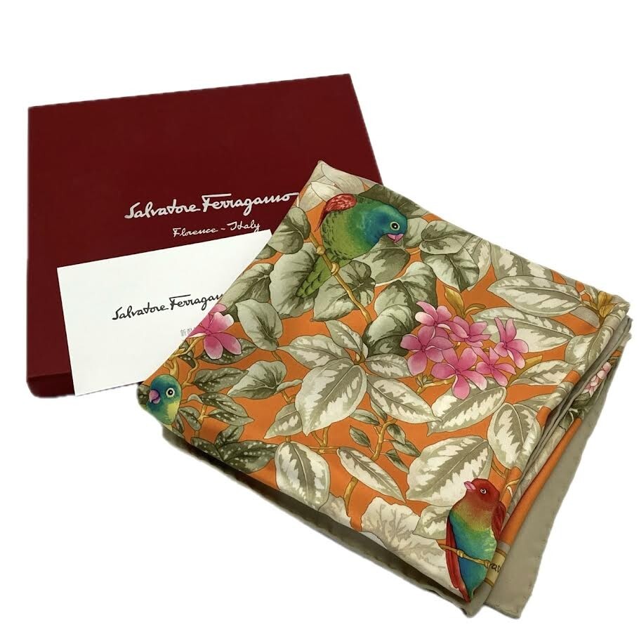 .108[ прекрасный товар ]Salvatore Ferragamo шелк шарф orange серия птица . цветок с коробкой Salvatore Ferragamo палантин большой размер шарф 