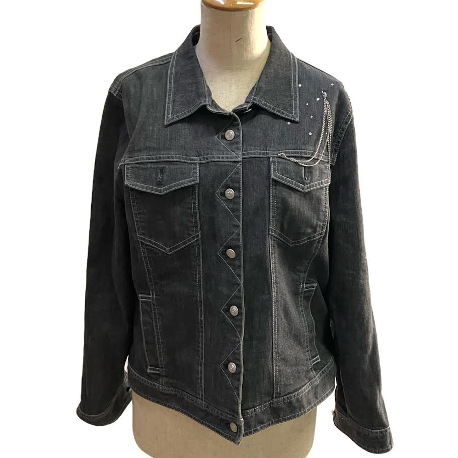 仙12 Leilian デニムジャケット ストーン チェーン付き サイズ13+ グレー系 ブラック系 レリアン レディース アウター Gジャン_画像1