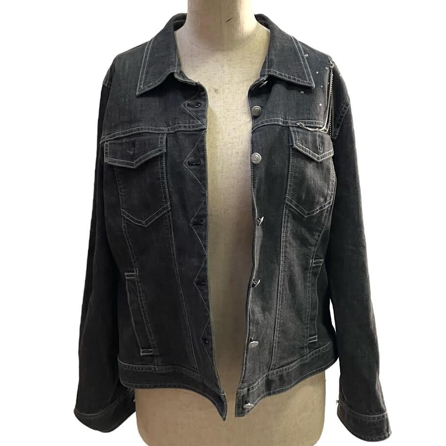 仙12 Leilian デニムジャケット ストーン チェーン付き サイズ13+ グレー系 ブラック系 レリアン レディース アウター Gジャン_画像3