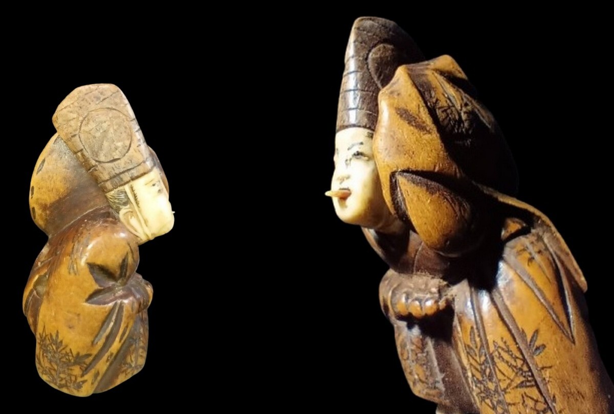  Самшит мелколистный гравюра netsuke [... три номер .]. зуб из .. Edo времена 