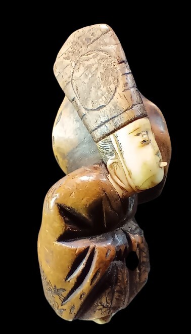  Самшит мелколистный гравюра netsuke [... три номер .]. зуб из .. Edo времена 