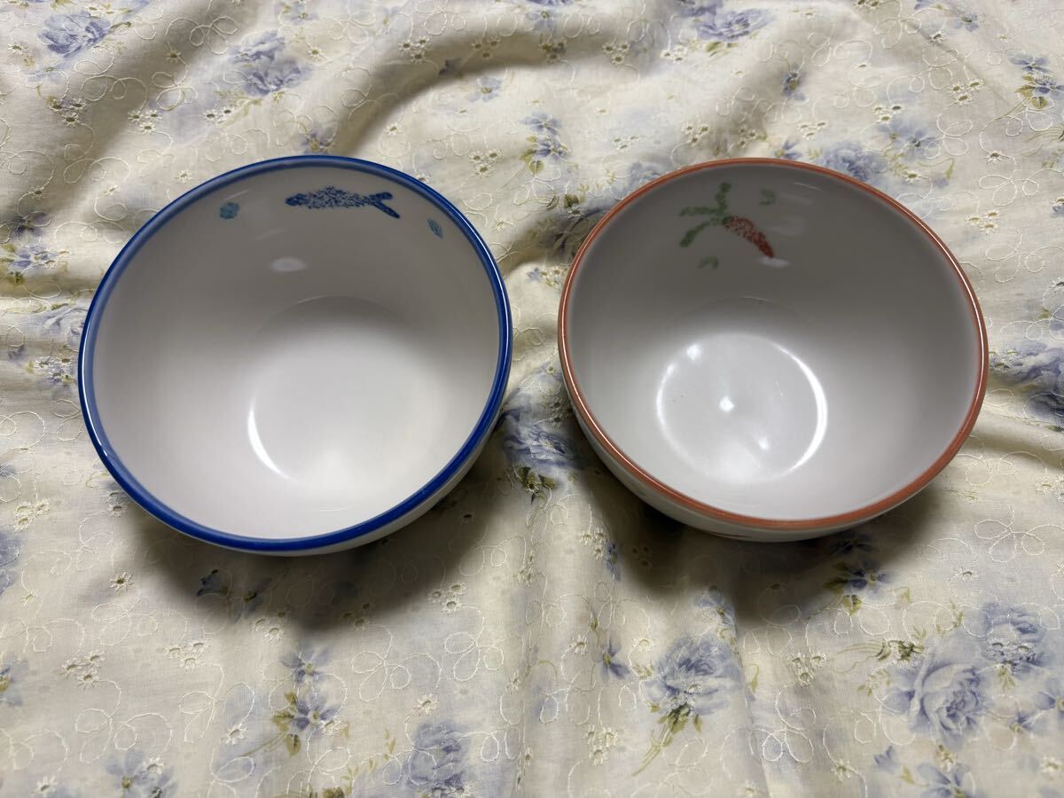 どんぶり シリアルボウル 盛り碗 2個セット 直径約12.5×深さ6.5cm にんじん さかな フェリシモ 食器 ディッシュ 洋食器 陶器 中古_画像1